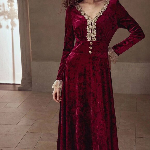Burgundy Elegant Women's Lace Patchwork V-Neck A-Line Dress - Picture 5 of 6